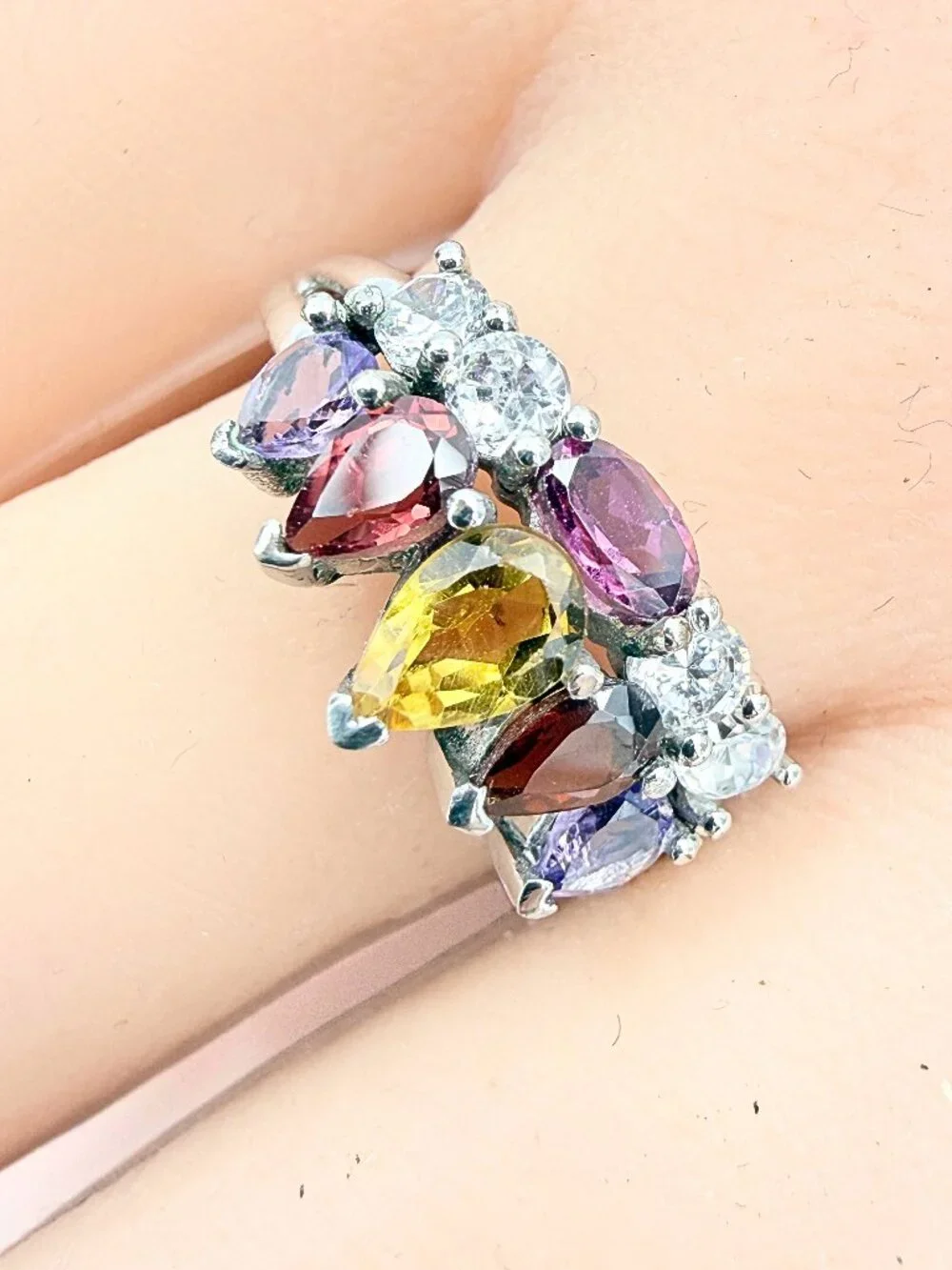 Karis Signed Sterling Silver Multi Lab Stones Rainbow Cluster Cocktail Ring Sz 9
